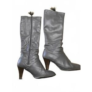 Vintage Gray Mid-Calf Leather Heeled Boots with Side Zipper